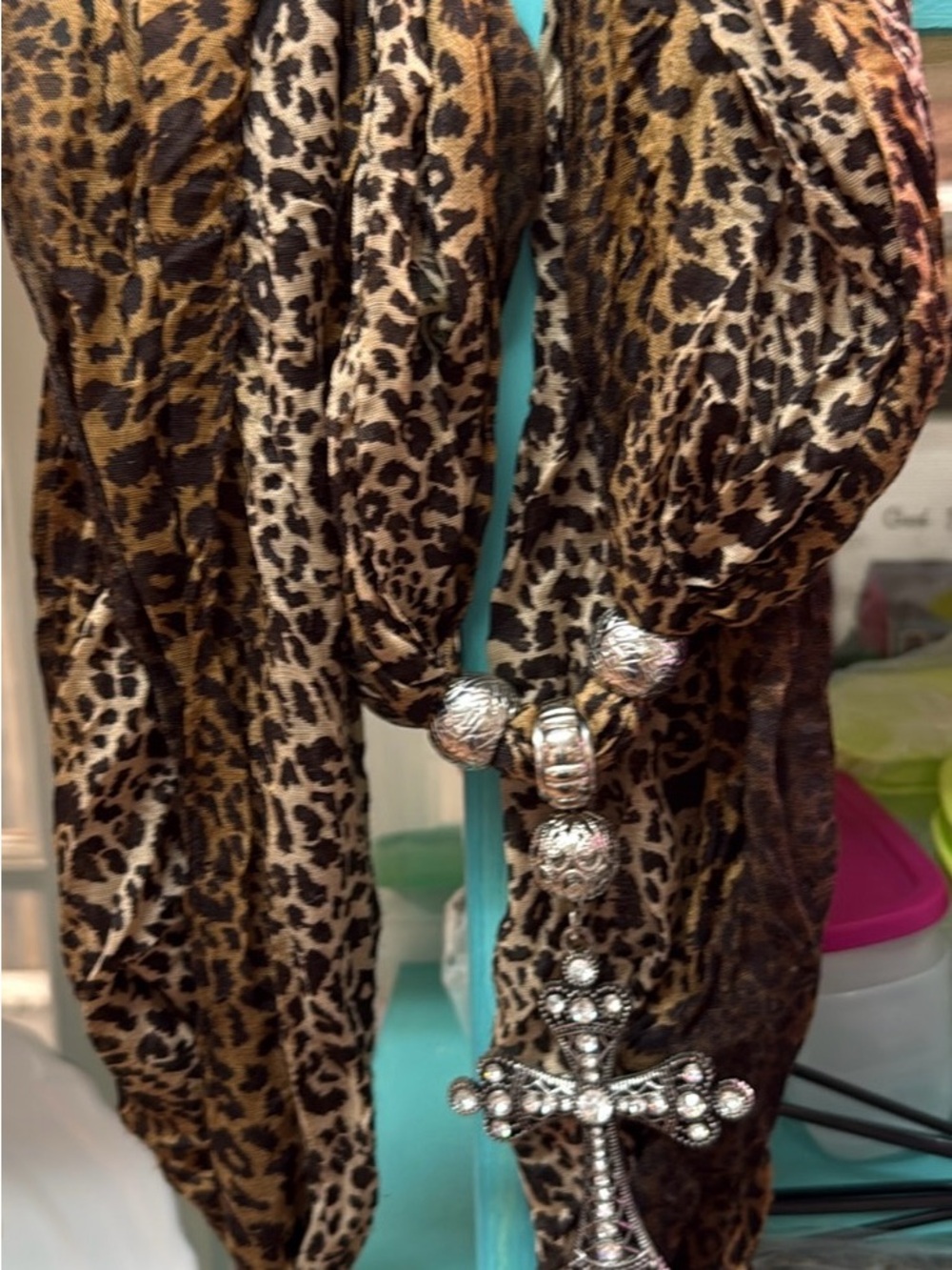 Leopard Print Scarf Necklace with Silver Cross Pendant
